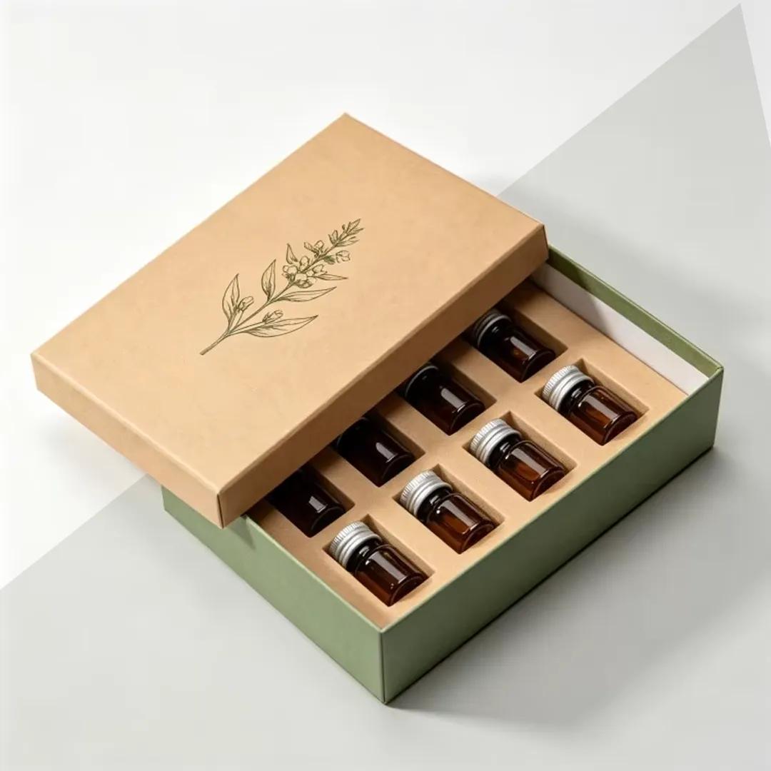 Kraft drawer box sliding open to reveal ten amber vials arranged in two rows inside a fitted tray