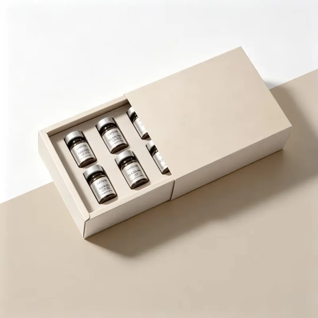 Cream sleeve and tray box partly open showing ten vials seated in individual cavities
