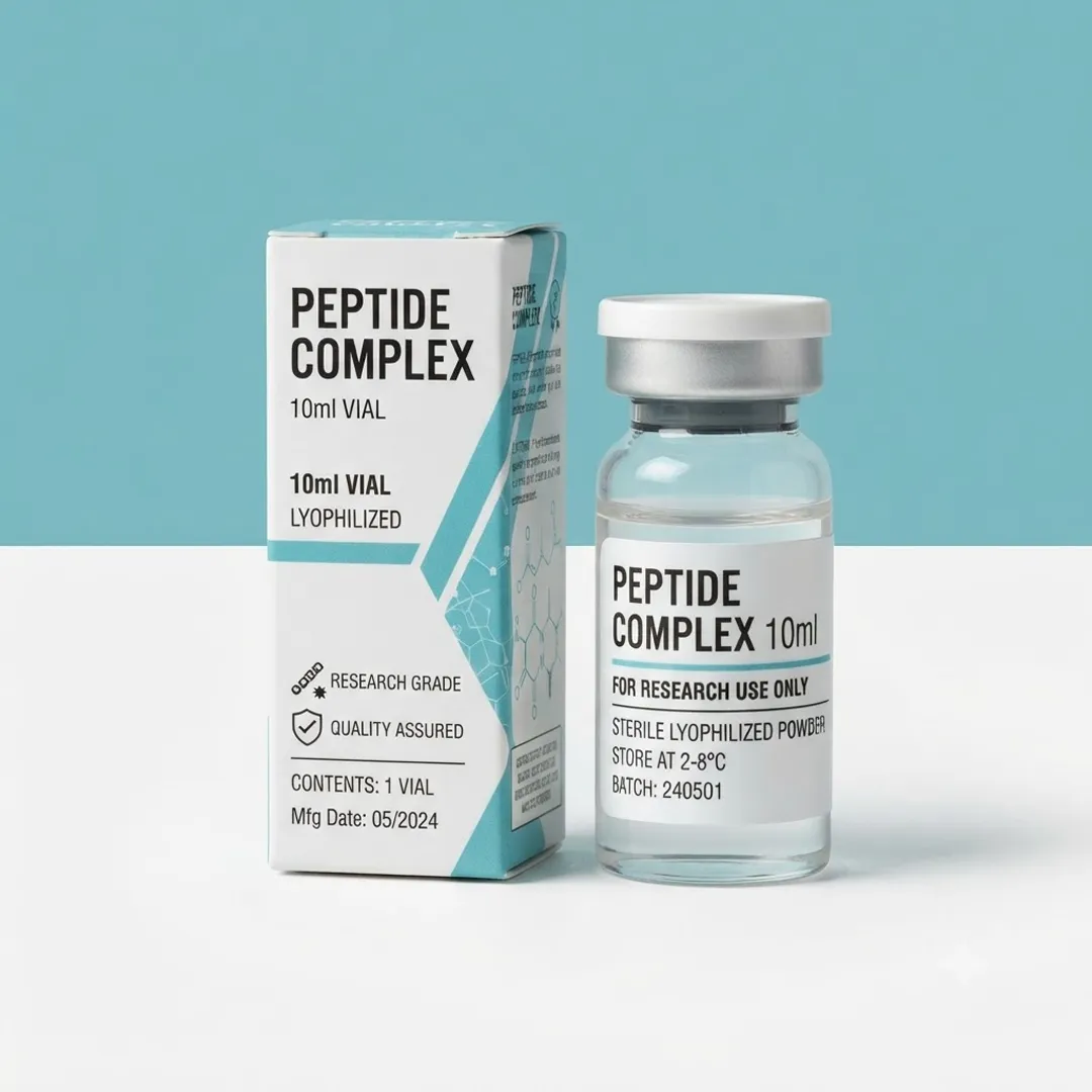 White and teal 10ml peptide carton standing beside a 10ml lyophilised vial with a silver seal
