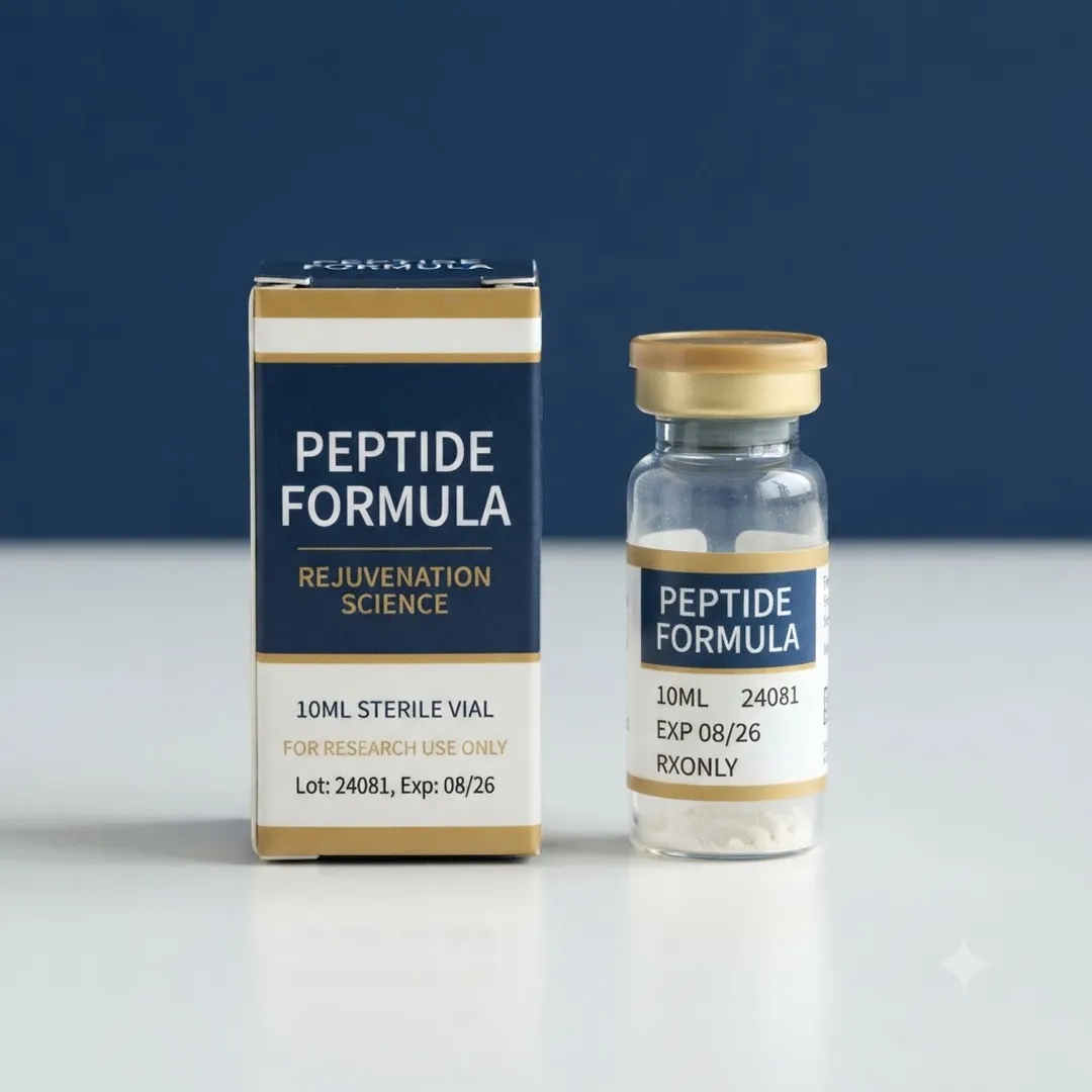 Navy and gold 10ml vial carton photographed next to a matching labelled 10ml glass vial