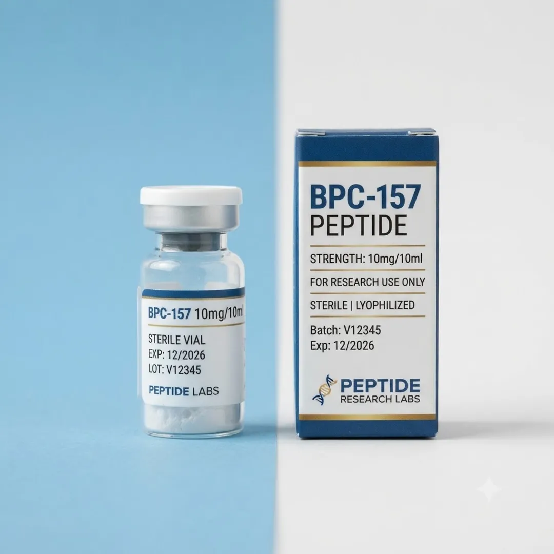 Blue and white 10ml peptide carton with batch and expiry panel shown beside a 10ml vial