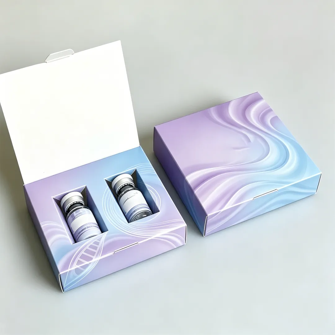 Lavender magnetic closure kit box open to show two vials seated in separate white cavities