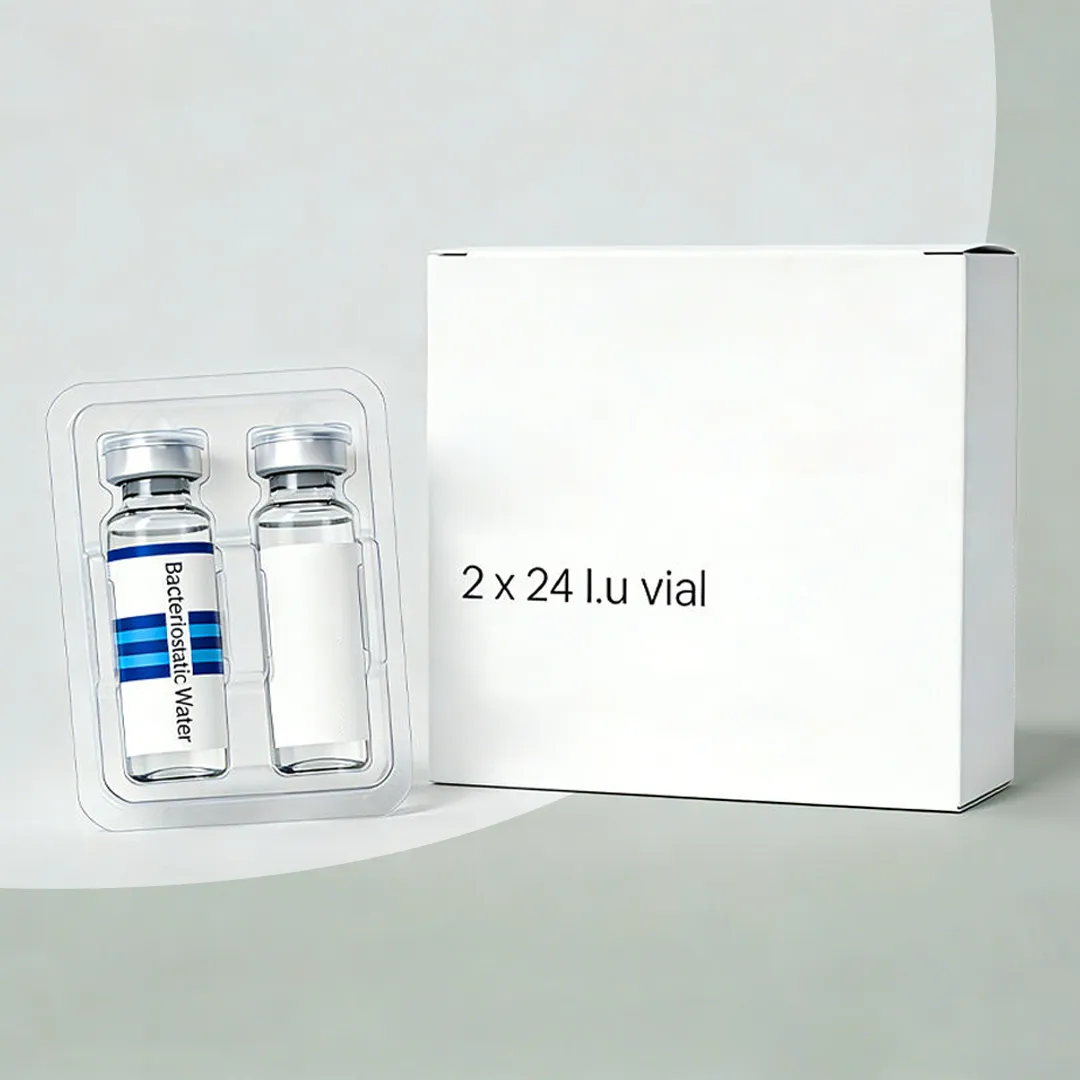 Sealed blister holding a bacteriostatic water vial and a second vial beside a plain white kit carton