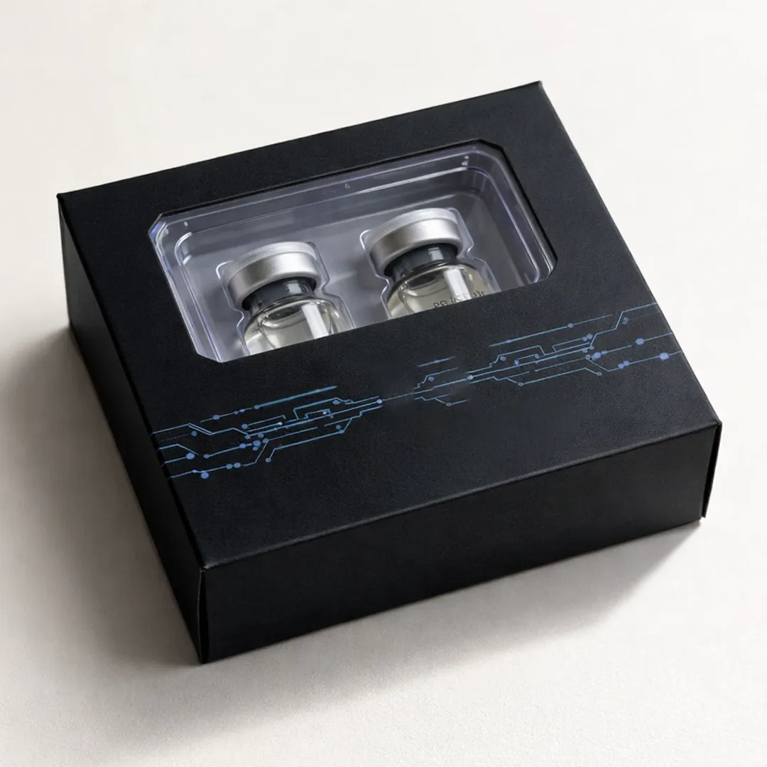 Black rigid 2ml vial box with a clear moulded tray holding two small crimp-sealed vials