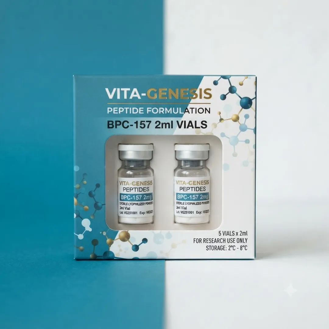 Printed carton for five 2ml peptide vials shown with two labelled vials in a window opening