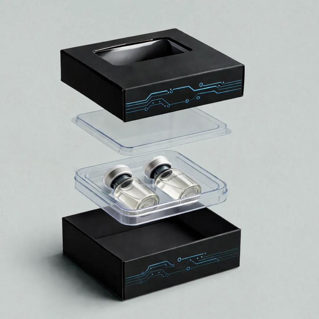 Black two-piece 3ml vial box shown open with a clear moulded tray holding two vials
