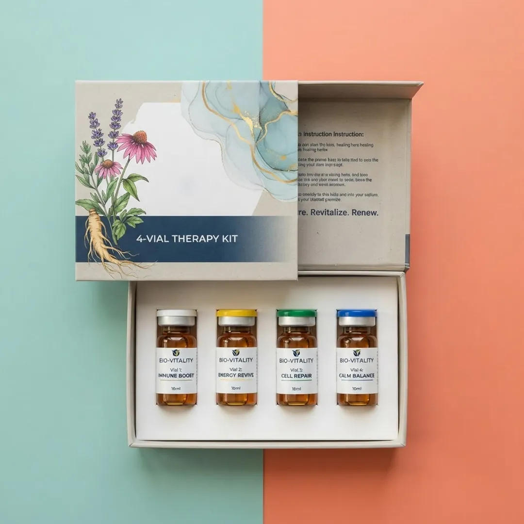 Four-vial therapy kit box open to show four amber vials in a row with a printed instruction lid