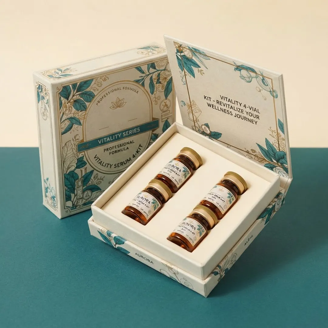 Cream and teal rigid kit box holding four amber vials in a two-by-two fitted tray