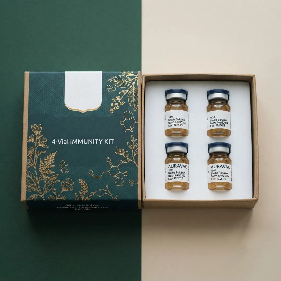 Dark green four-vial immunity kit box opened to reveal four labelled vials in a white insert