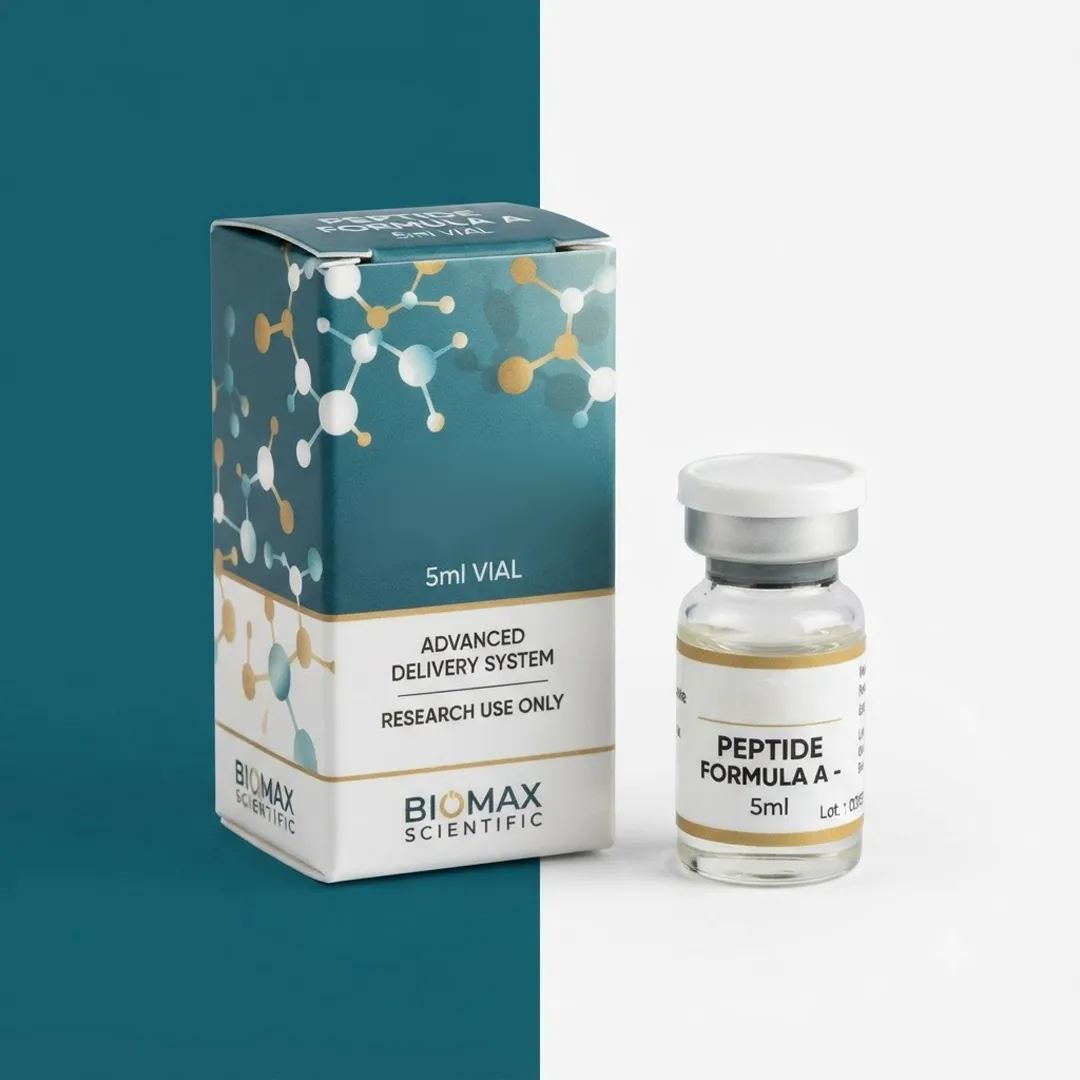 Teal and white 5ml vial carton standing beside a labelled 5ml peptide vial