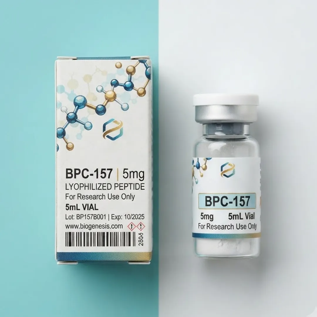 White 5ml peptide carton with barcode and batch panel shown next to a lyophilised 5ml vial