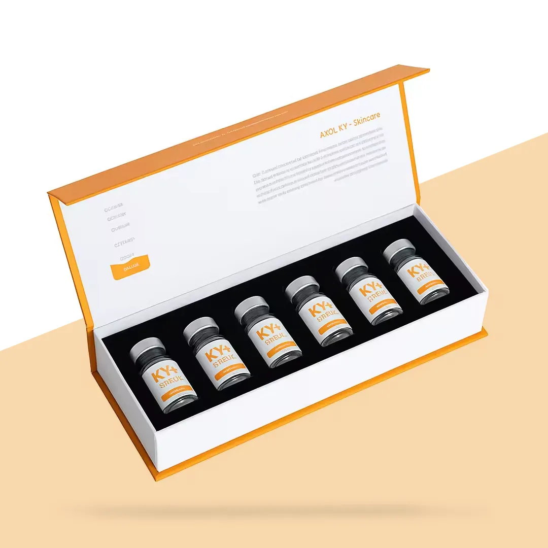 Orange and white magnetic kit box open flat showing six vials in a single row of black foam cavities