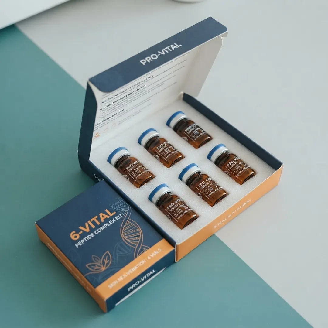 Navy and orange six-vial kit box shown open with six amber vials in a two-row fitted insert