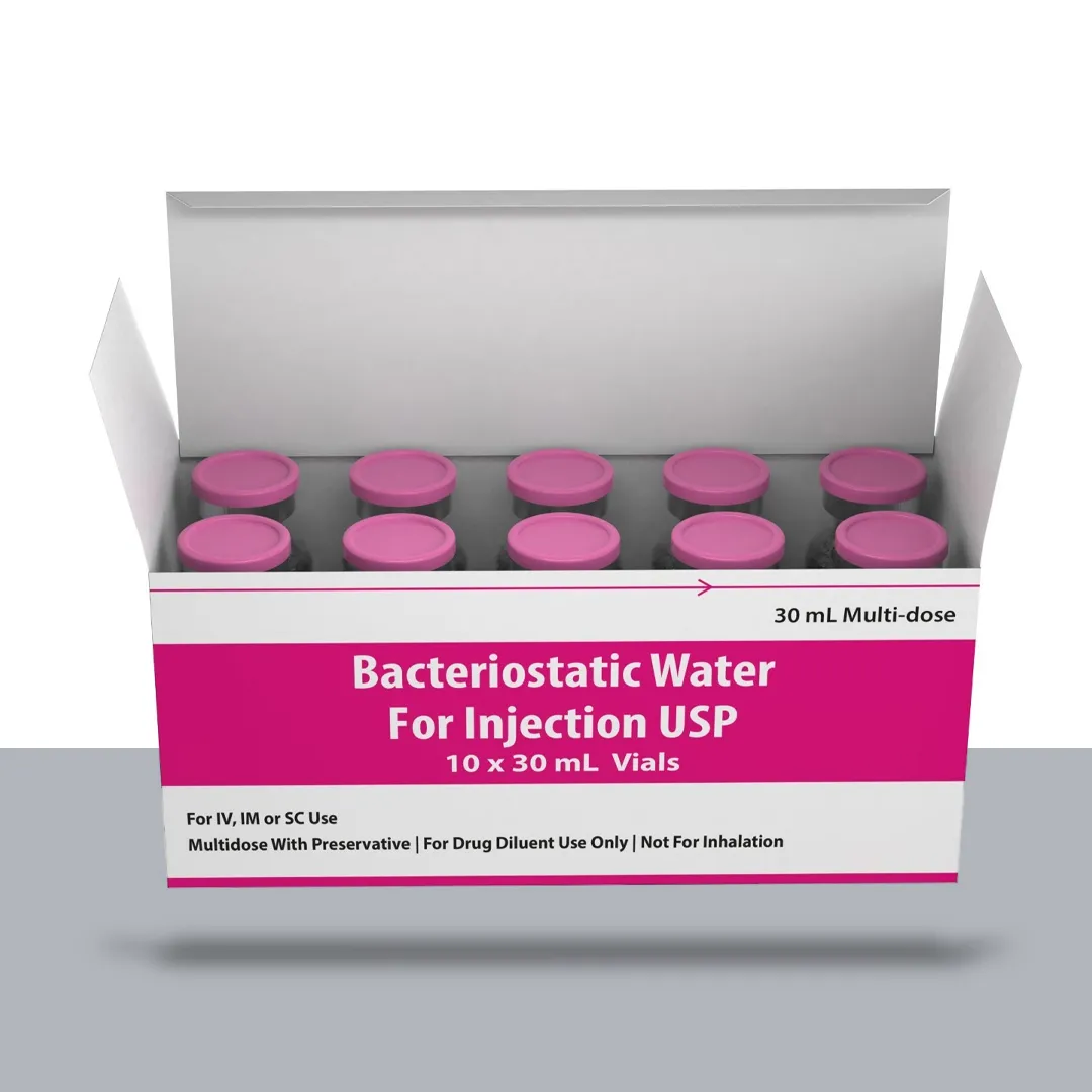 Open white case showing ten large multi-dose vials with pink caps arranged in two rows