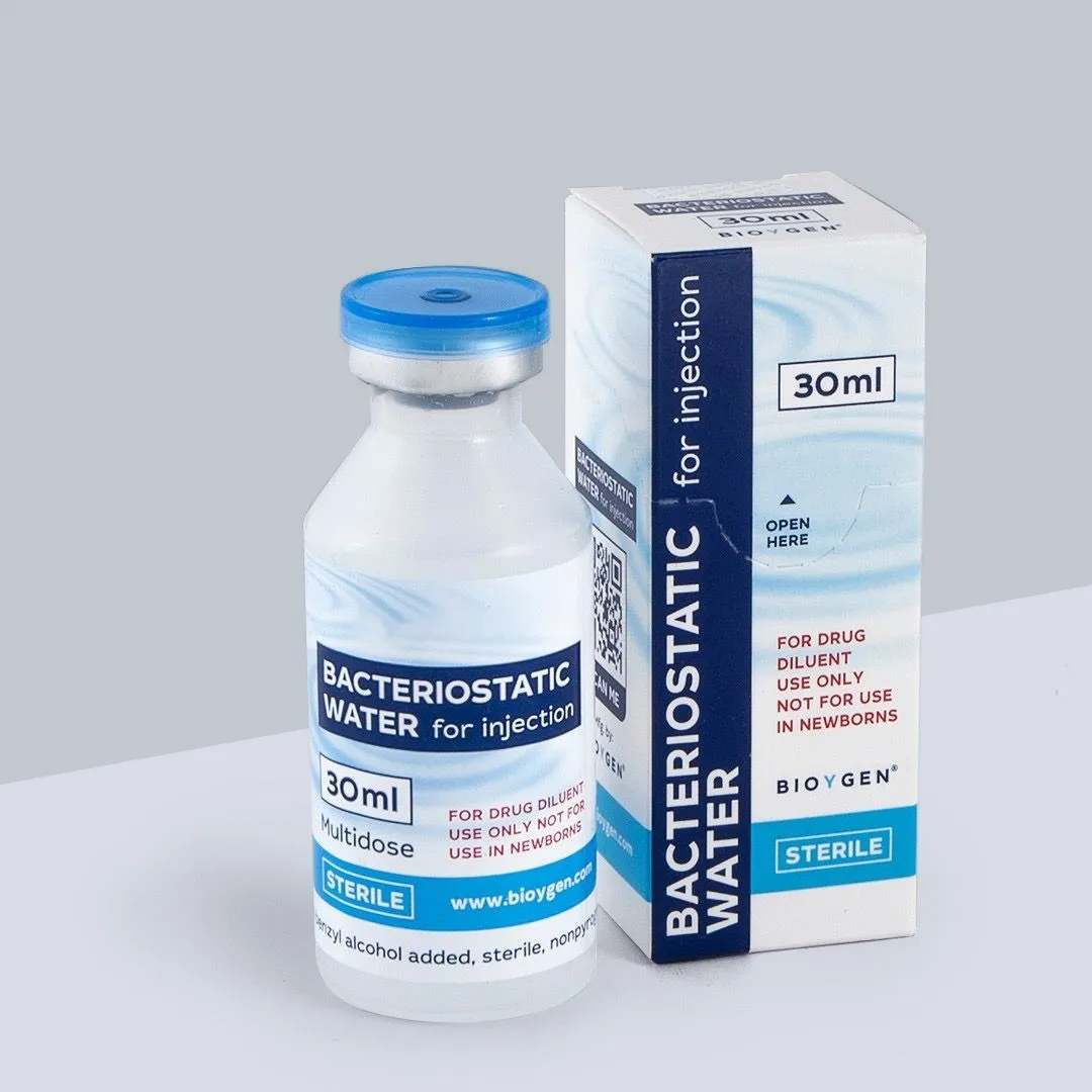 Tall printed carton standing beside a 30ml multi-dose vial with a blue cap