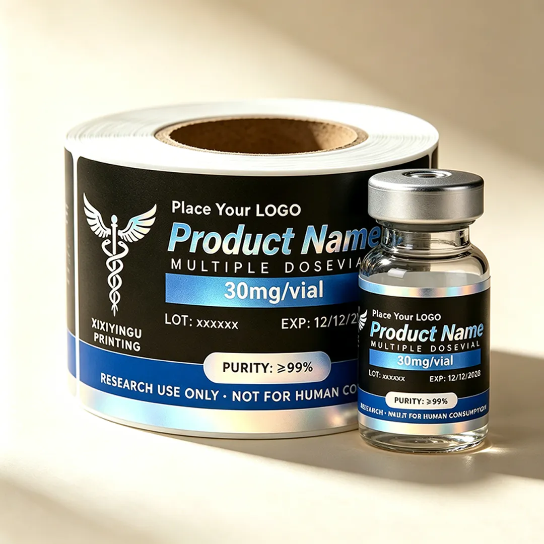 Roll of black and blue peptide vial labels beside a small glass vial with the same label applied