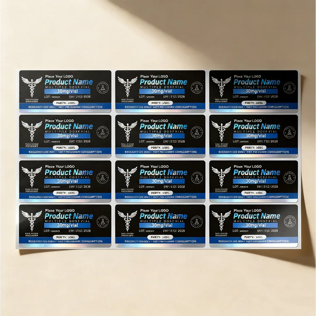 Sheet of twelve identical peptide vial labels printed with product name, lot and expiry fields