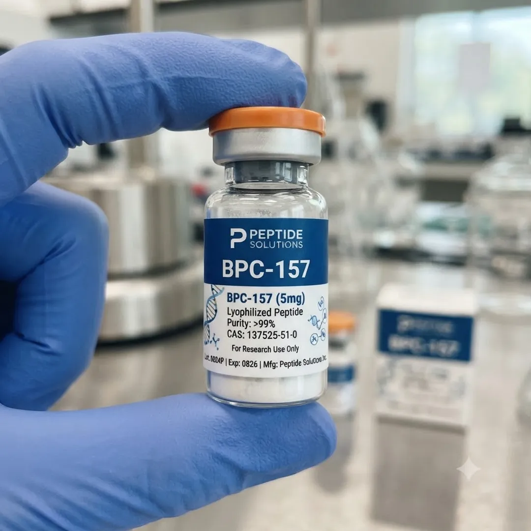 Gloved hand holding a labelled peptide vial with the printed label clearly legible
