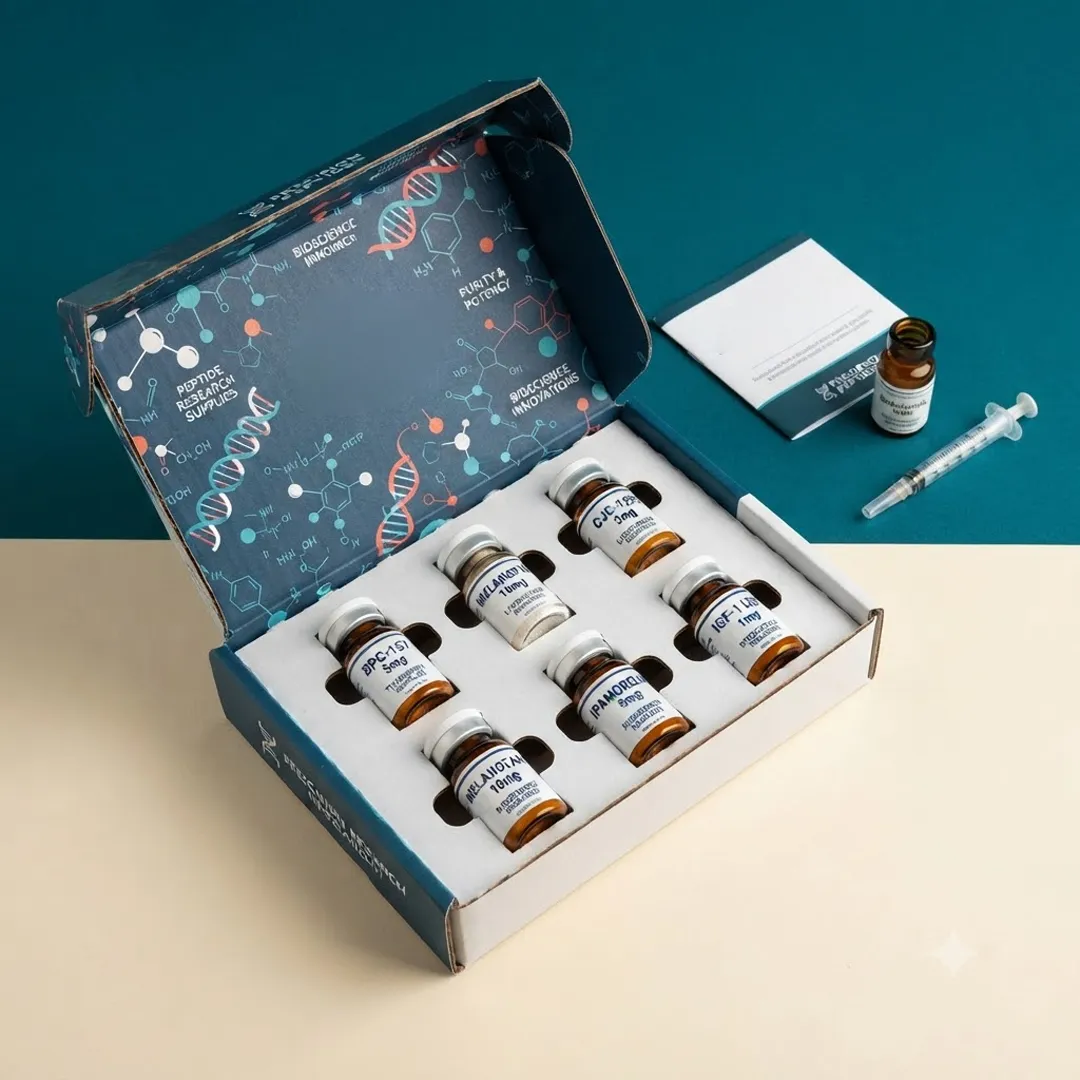 Navy flip top mailer box open flat showing nine labelled vials and a syringe in a white insert