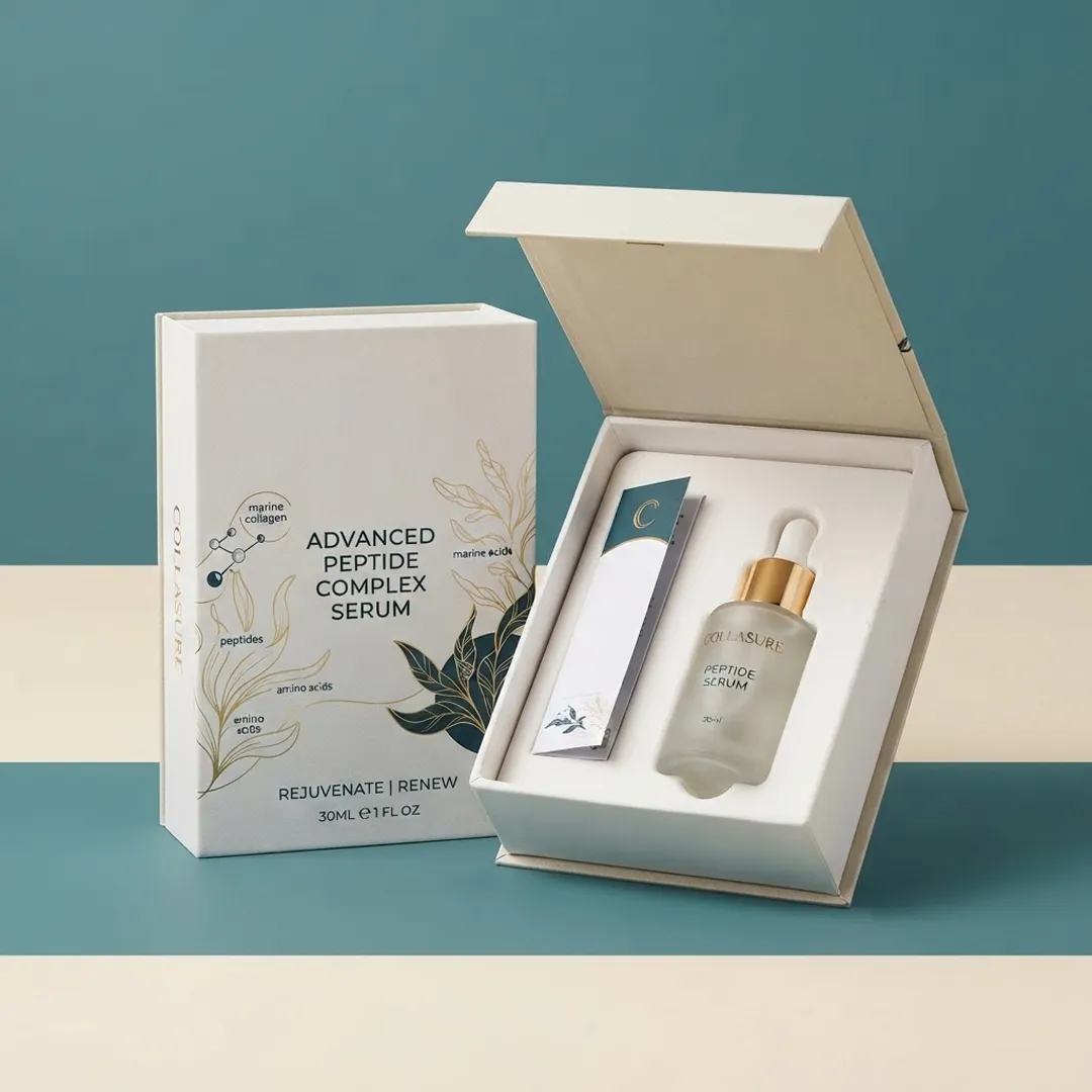 White magnetic flip top box open to reveal a single frosted vial and a printed information card