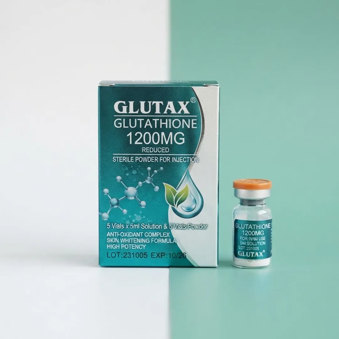 Teal and white two-part carton shown beside a small amber-capped vial with a printed label