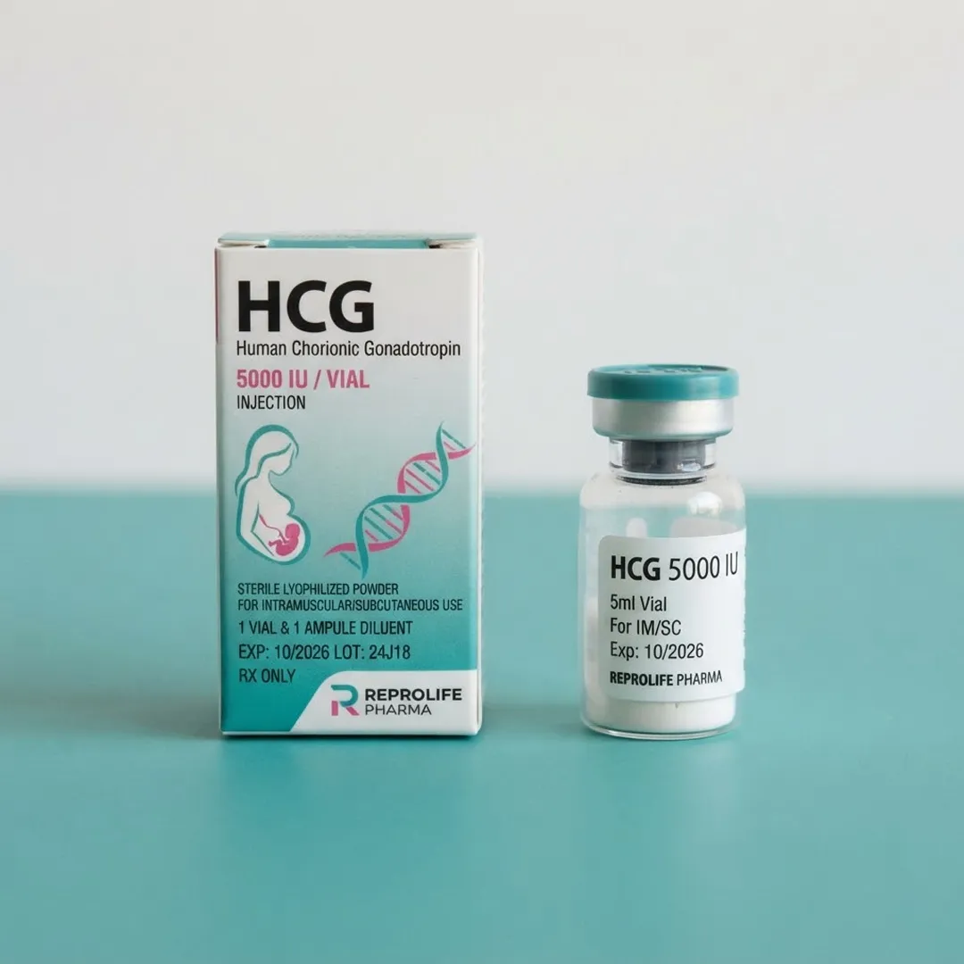 White and teal kit carton standing next to a labelled 5ml vial with a teal cap
