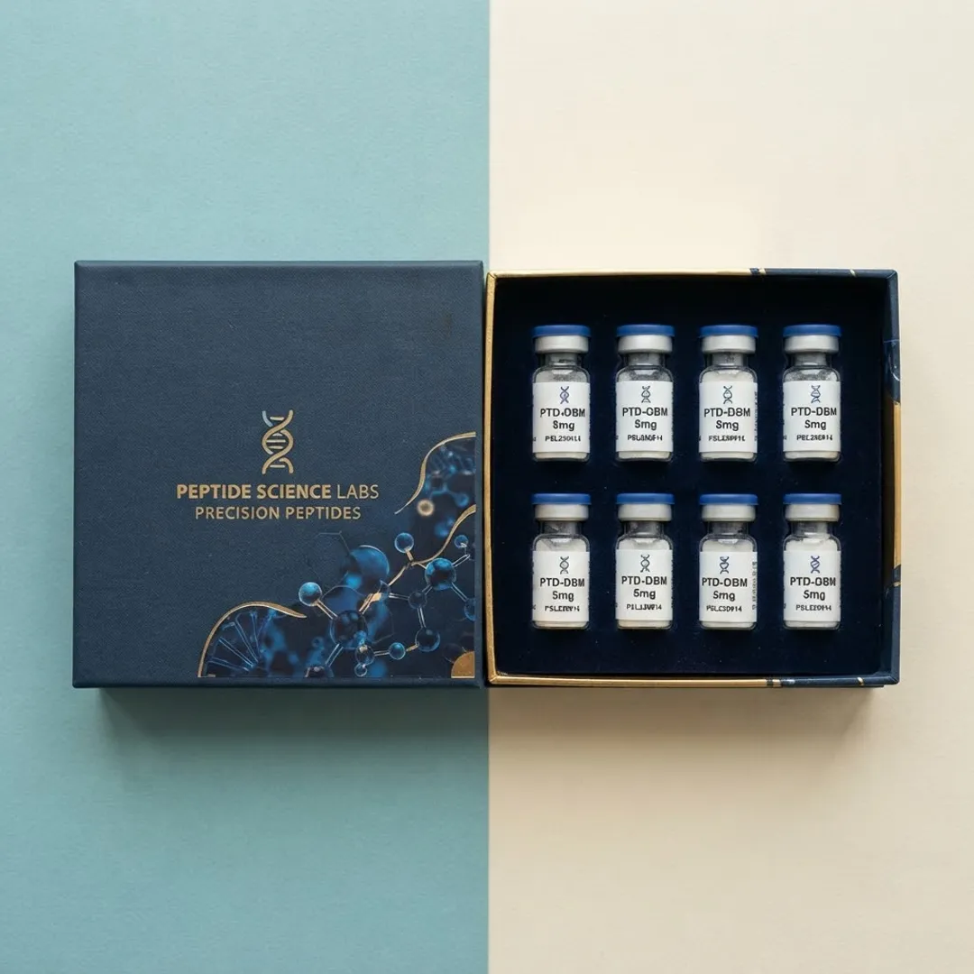 Deep navy rigid peptide box with gold foil detail, opened to show eight labelled vials in a fitted black insert