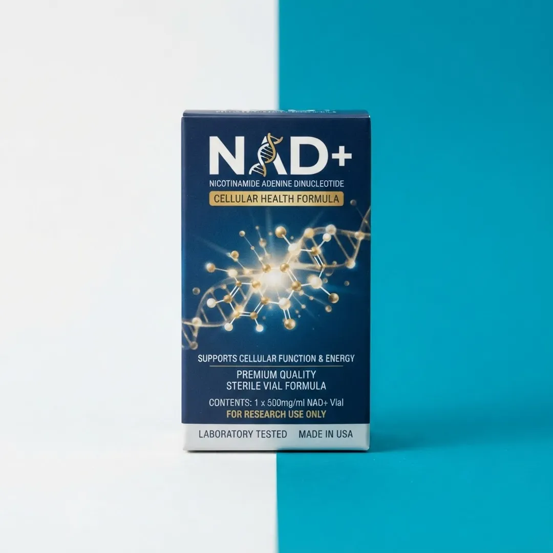 Navy and blue retail carton with a printed molecular graphic, standing upright on a teal surface