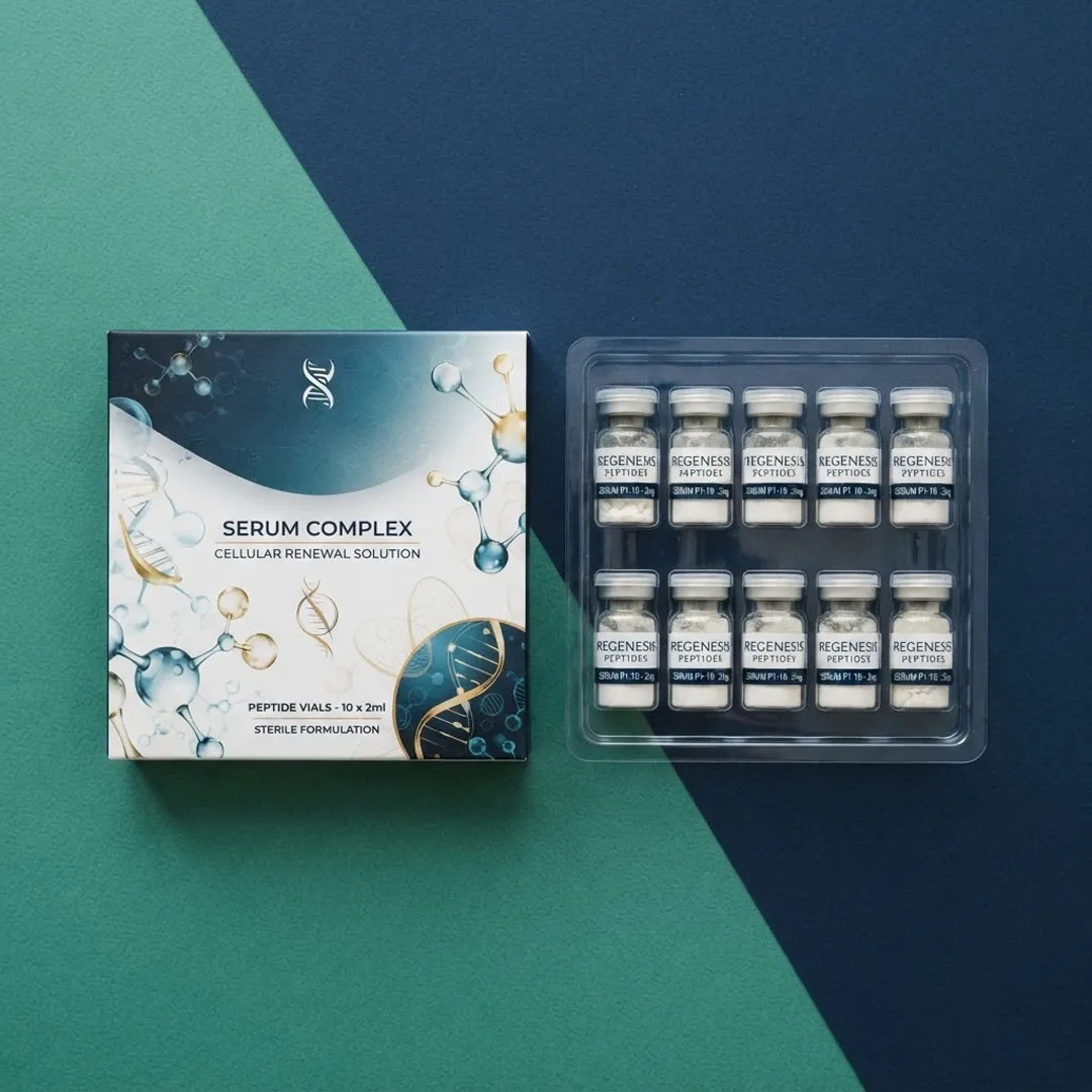 Printed box beside a clear moulded tray holding ten small peptide vials in two rows of pockets