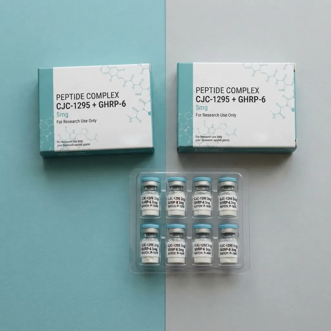 Two white peptide cartons above a clear blister tray holding eight labelled vials in formed pockets