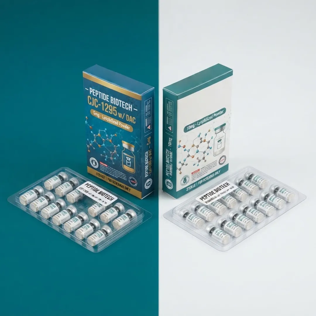 Teal peptide carton shown with two sealed blister strips each holding eight small vials
