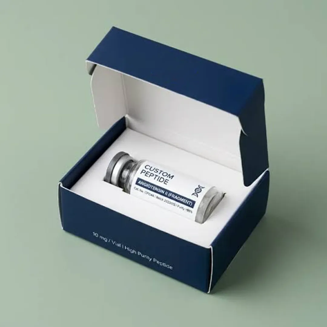 Navy single vial box opened to show one labelled peptide vial seated in a white fitted insert
