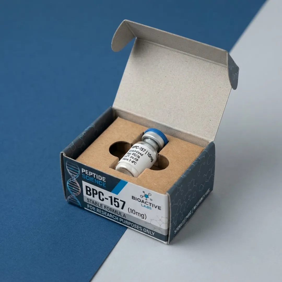 Open navy carton with a die-cut cardboard platform holding a single BPC-157 vial in a punched hole