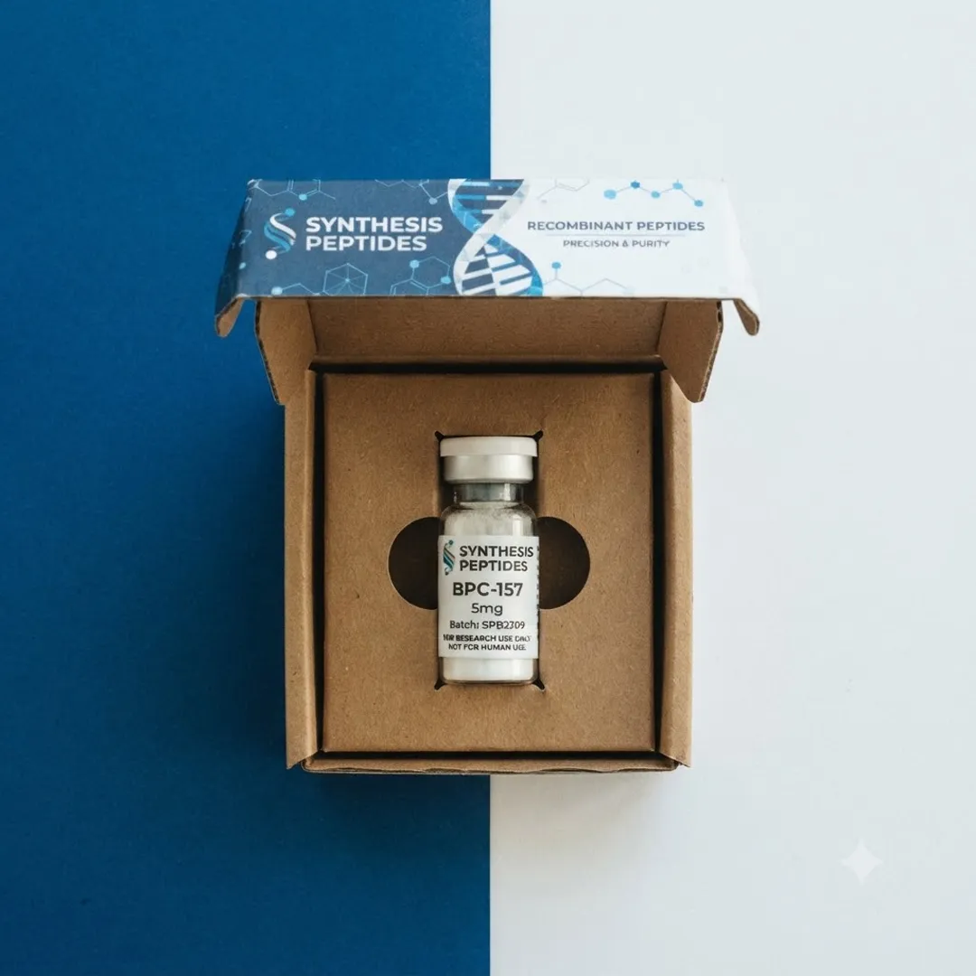 Kraft cardboard box open to show one labelled vial held in a brown die-cut paperboard insert