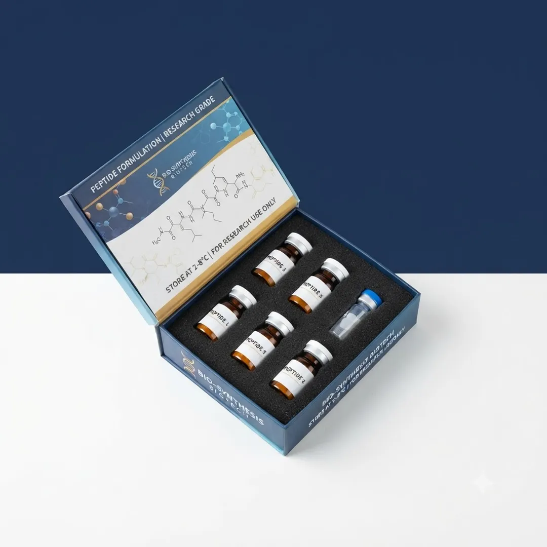 Navy box opened to show a black foam insert with six vials and a syringe in milled cavities