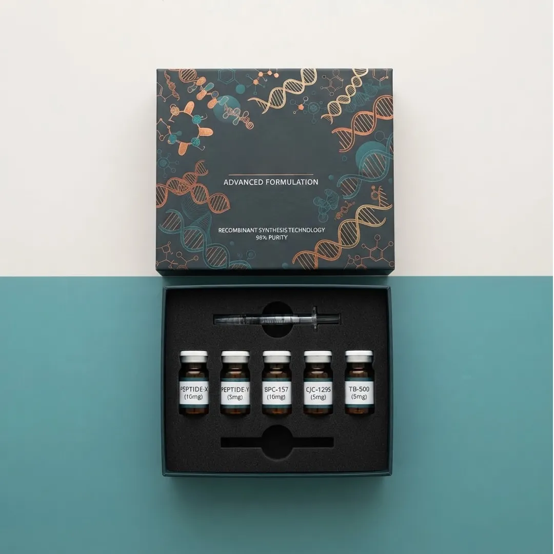 Dark presentation box with a black foam insert holding five vials and a syringe below a printed lid