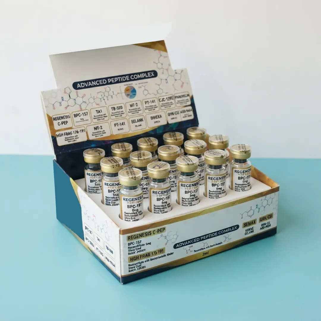 Counter display box with a printed header holding fifteen labelled peptide vials in tiered rows