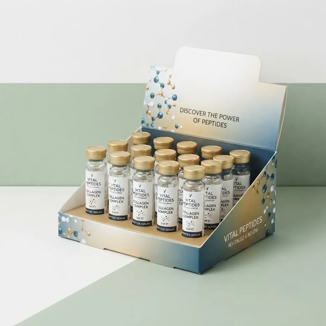 Blue and cream counter display unit with a folded header card holding twelve small vials
