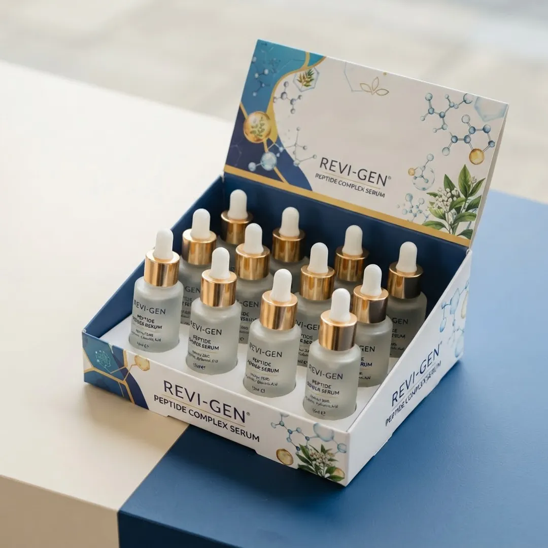 Navy and cream display box holding eight serum bottles with dropper caps in two raised rows