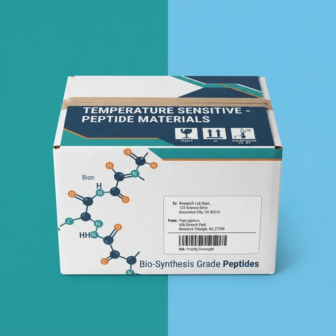 White and teal corrugated shipping carton printed with temperature-sensitive handling markings