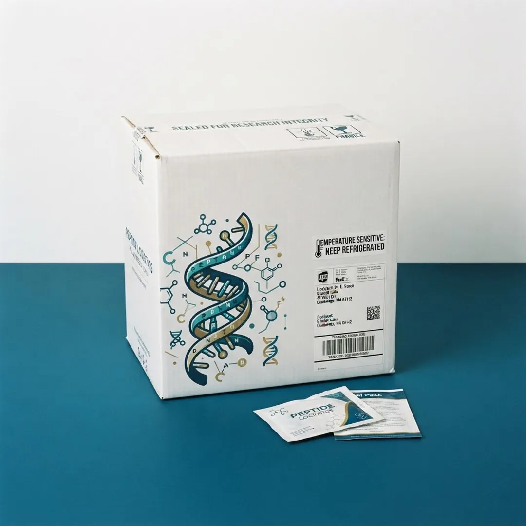 White corrugated shipping box with a shipping label panel and temperature-sensitive notice, shown with seal labels
