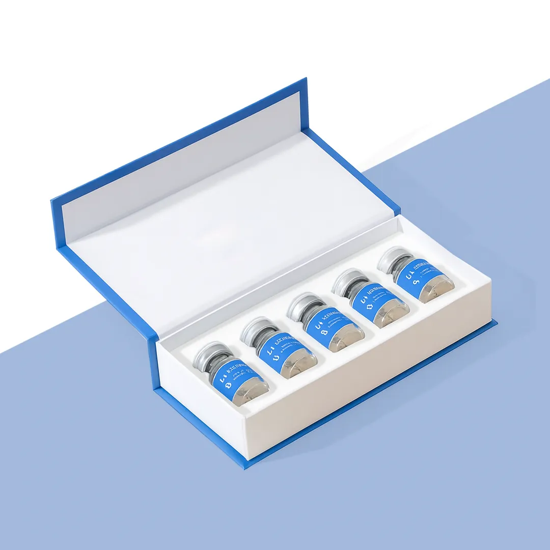 White rigid box with blue edges open to show five blue-capped vials in a fitted white insert