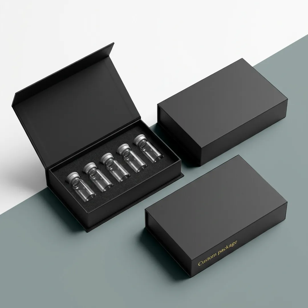 Matte black rigid magnetic box open beside a closed box of the same design, holding five clear vials