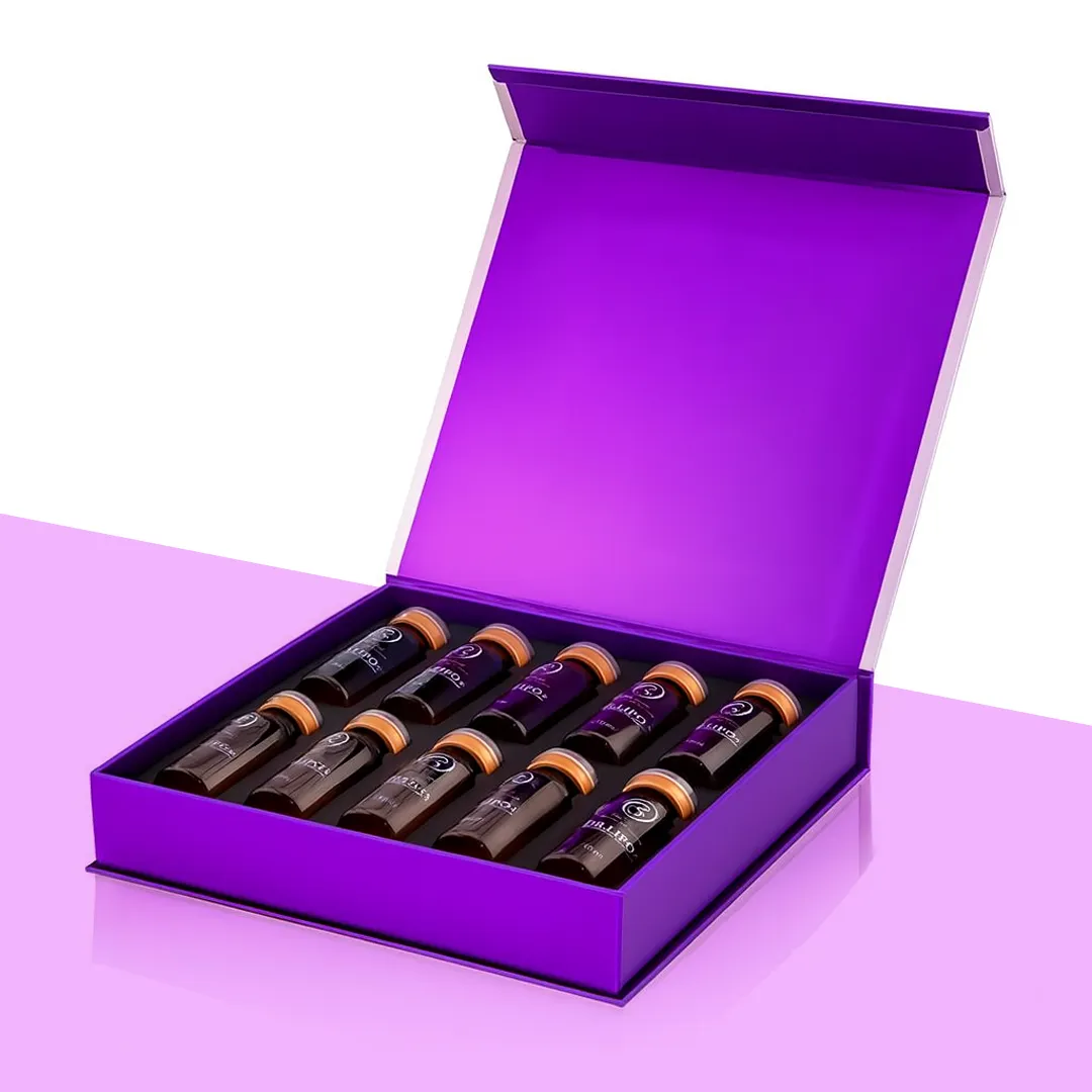 Purple rigid magnetic box open flat with ten amber vials seated in two rows of moulded cavities