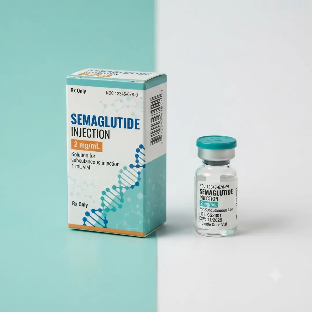 White and blue single-vial carton standing beside a small labelled injection vial with a teal cap
