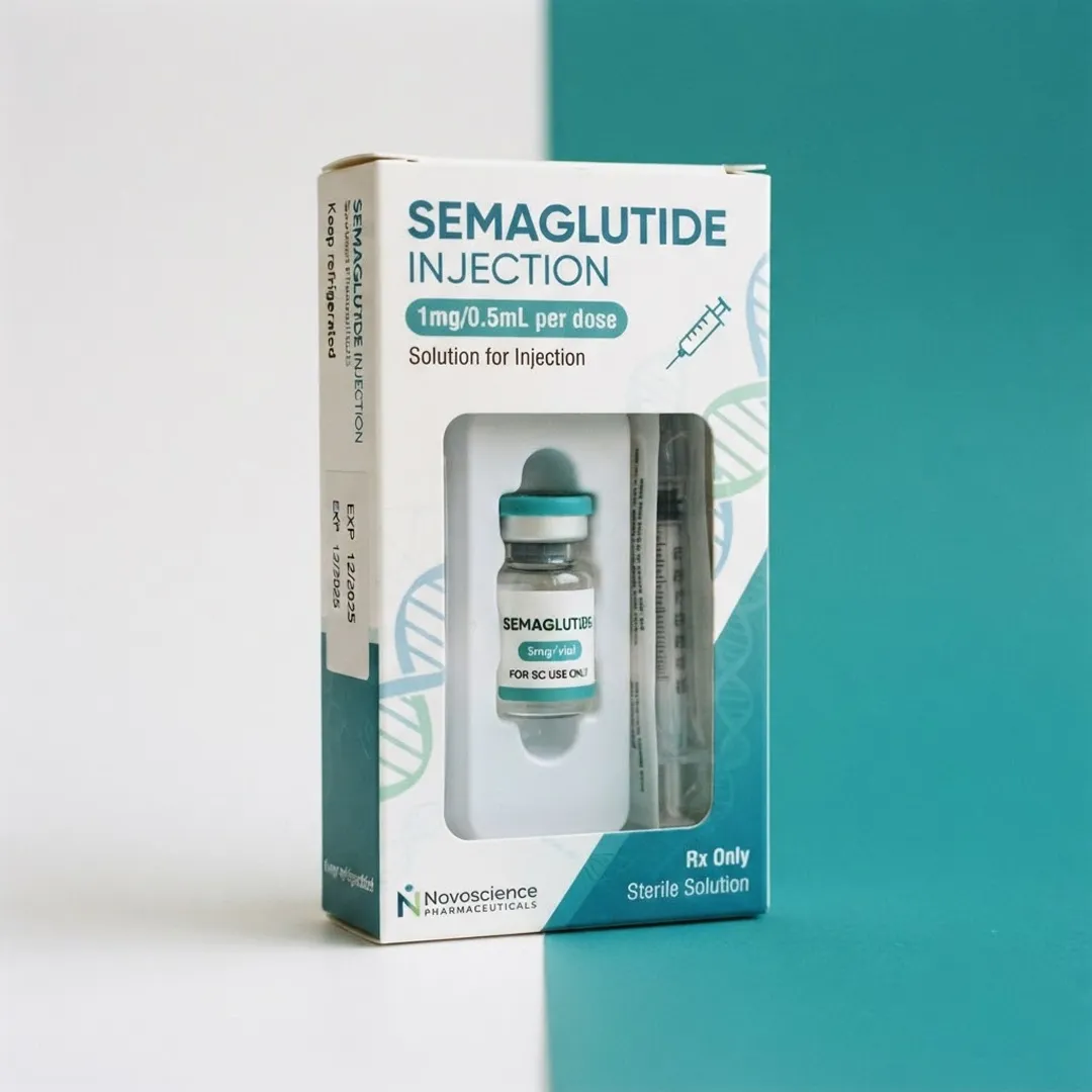 Tall carton with a die-cut window revealing a vial and a syringe held side by side