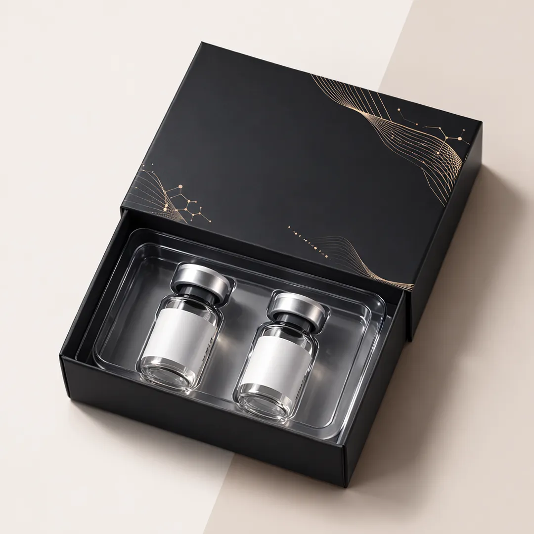 Black sleeve and tray box partly open showing two vials seated in a clear moulded tray
