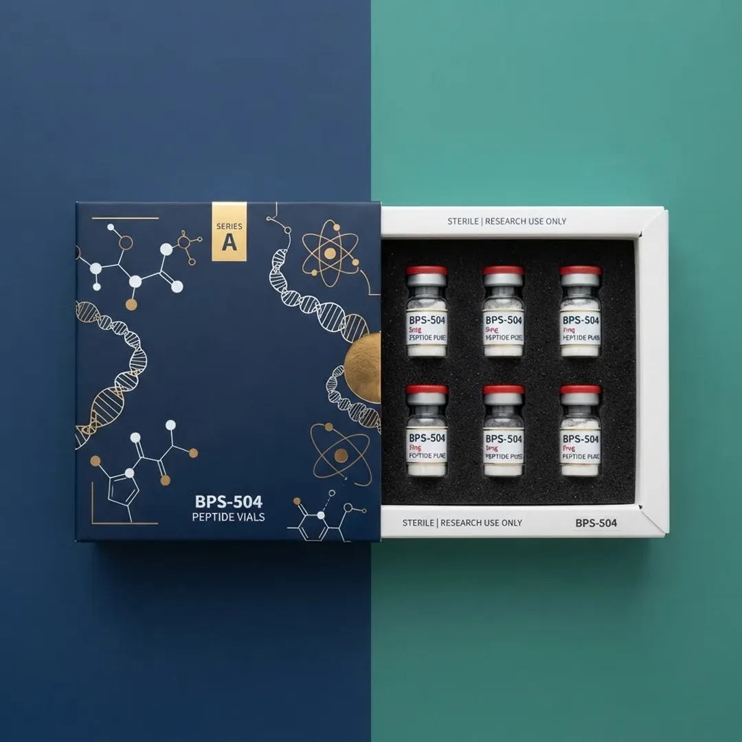 Navy printed sleeve slid back from a white tray holding six labelled vials in two rows