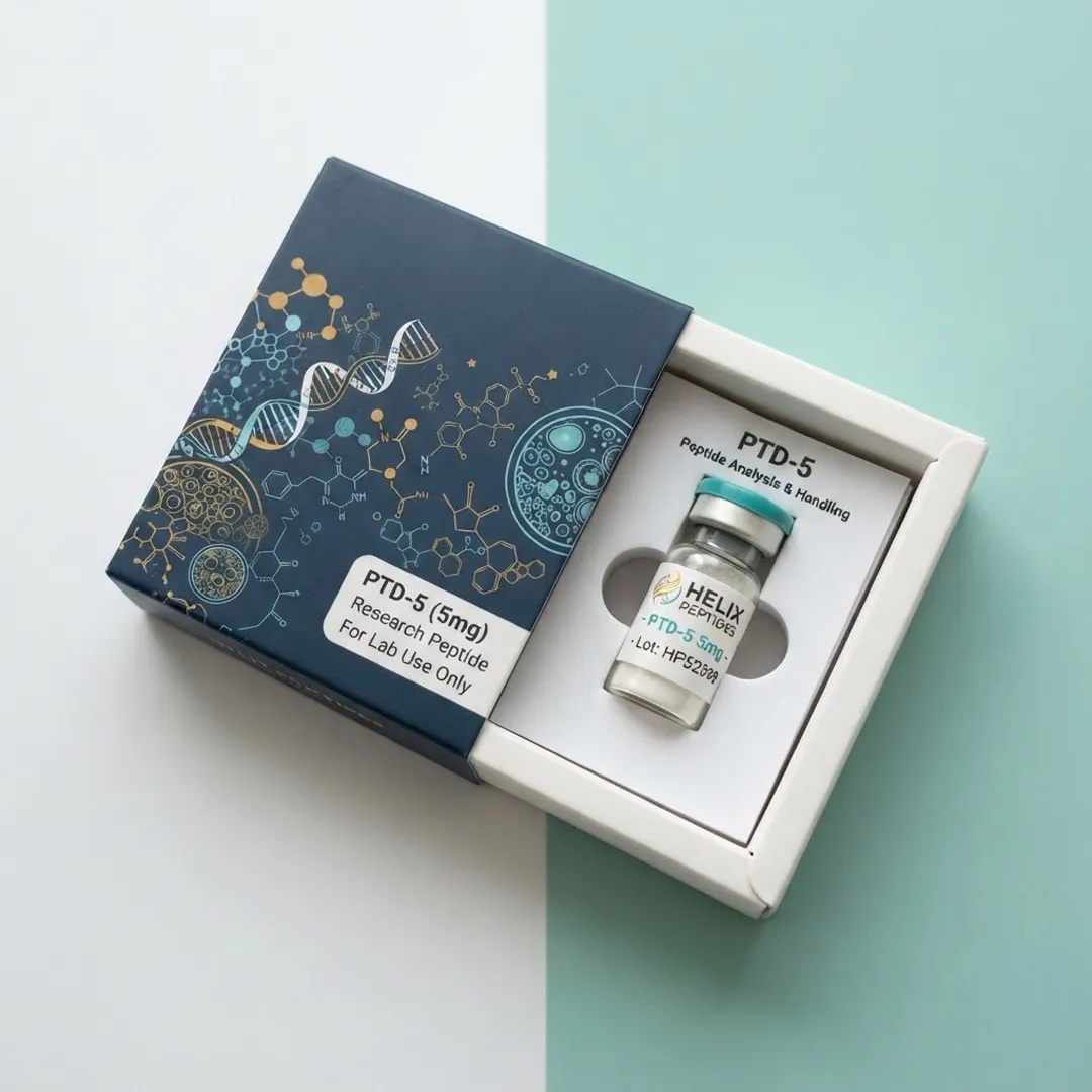 Dark blue sleeve pulled back from a white tray holding a single vial and a printed information card