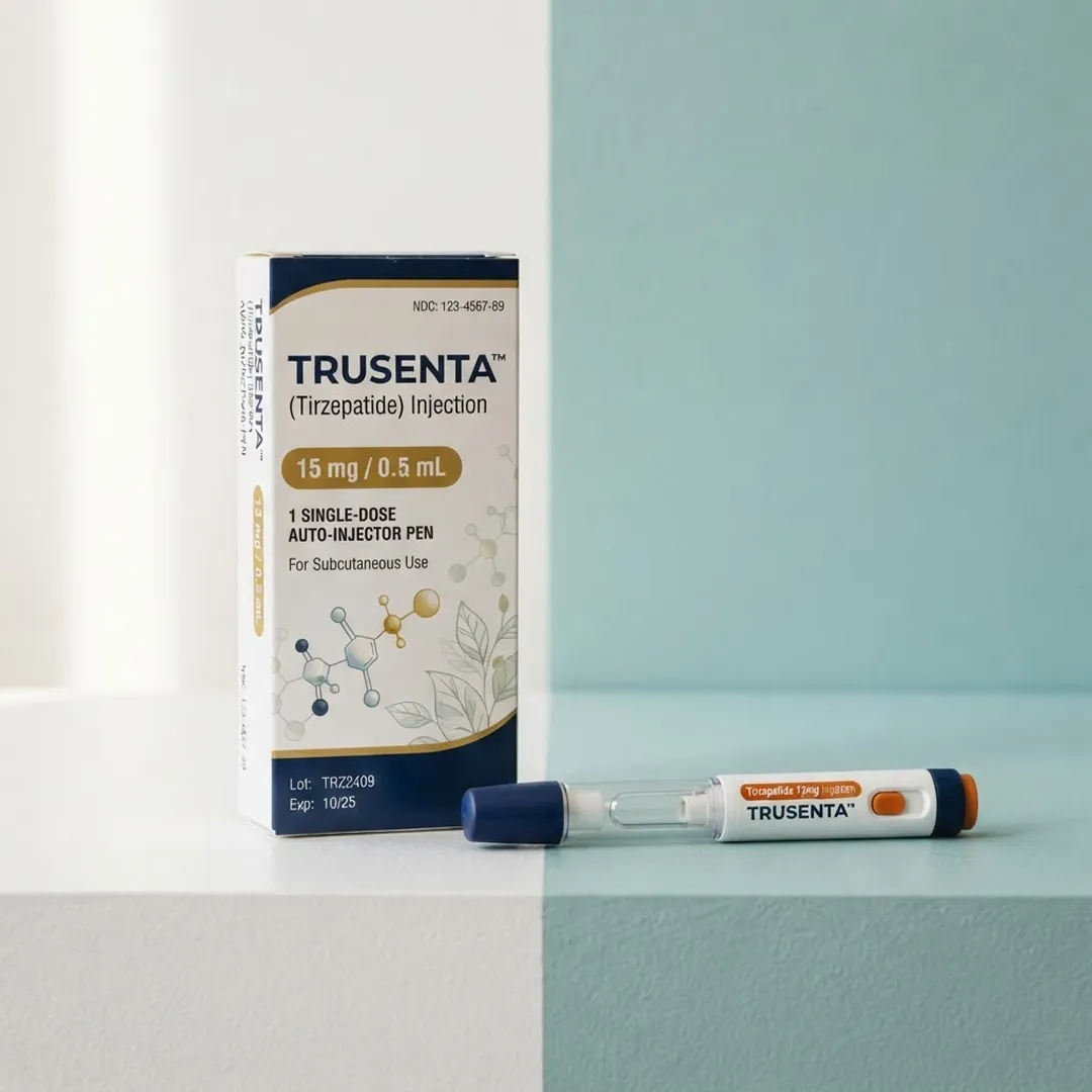 Tall narrow carton standing beside a single prefilled auto-injector pen with an orange label